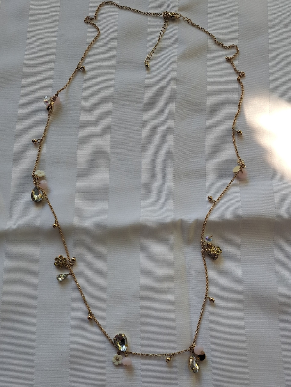 Delicate Gold Tone Long Necklace with Pink and Clear Crystal Accents